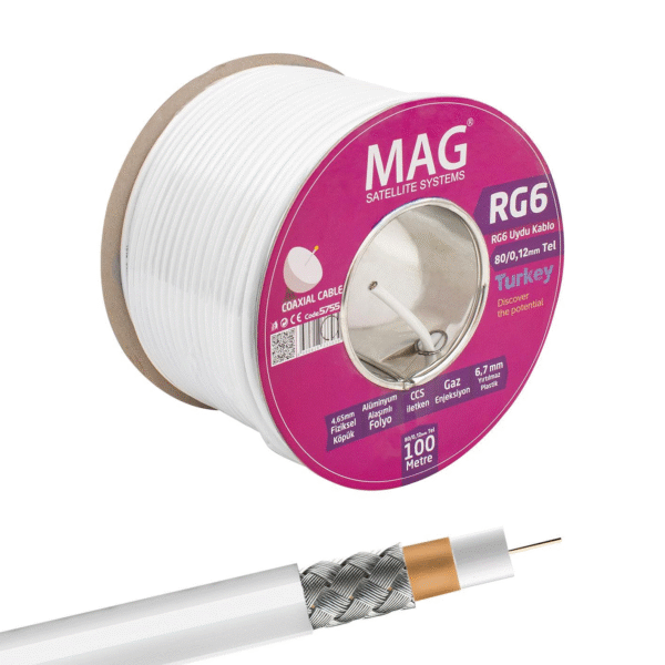 Mag RG6/U6 1.02 MM 80 Telli CCS Makaralı 100 Metre Yerli Üretim Anten Kablosu 5755