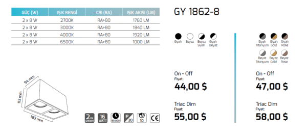 Goya Gy 1862-8 2x8 Watt Sıva Üstü SMD Ledli Armatür - Görsel 2